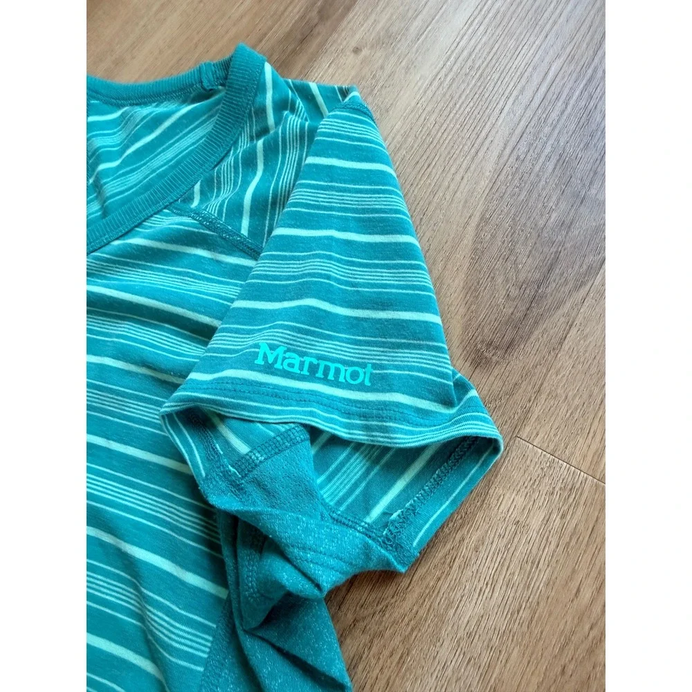 Marmot Womens Teal Striped V-Neck Activewear T-Shirt Size Large Short Sleeve‎